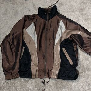 brown and metallic windbreaker